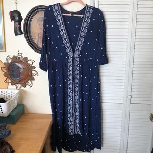 Boho blue and white embroidered dress